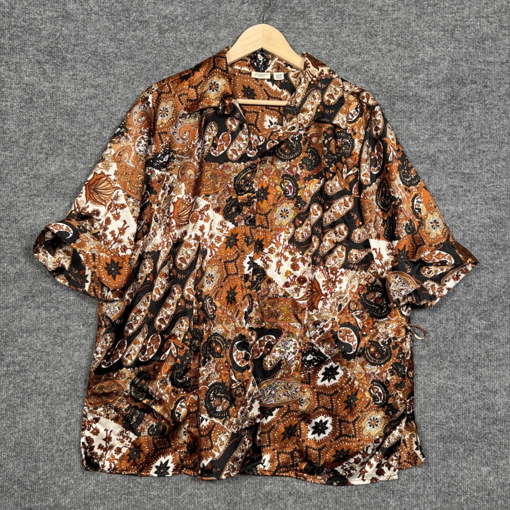 Cato Womens Plus Sz 22/24W Tunic Shirt Brown Paisley Roll Up Sleeves Maximalist